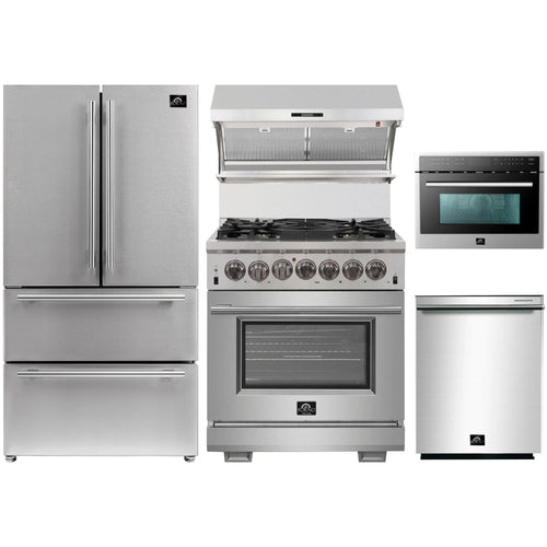 Forno 5-Piece Pro Appliance Package - 30-Inch Dual Fuel Range, Refrigerator, Wall Mount Hood with Backsplash, 24-Inch Microwave Oven, & 3-Rack Dishwasher in Stainless Steel - AP5-6187-30-MWO