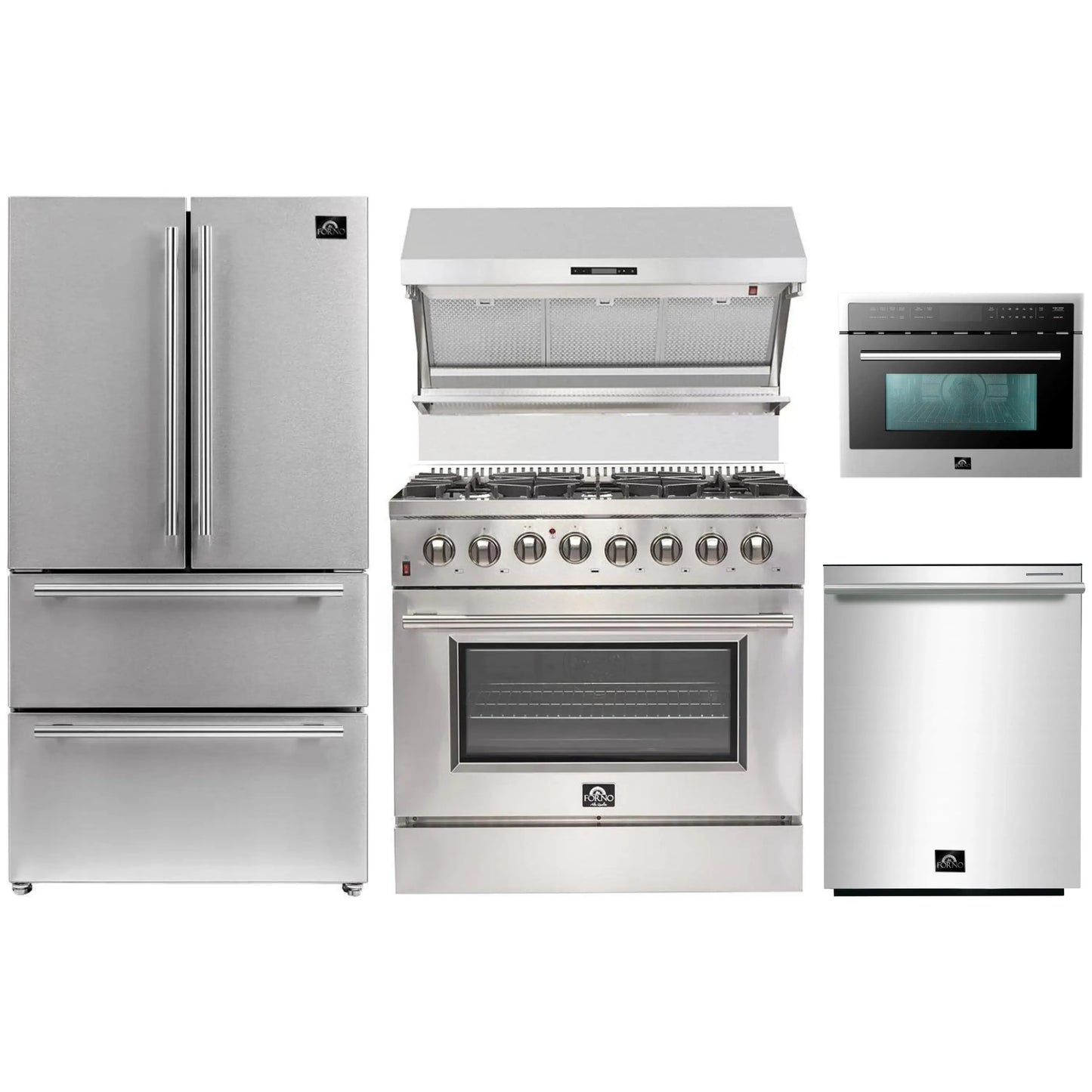 Forno 5-Piece Pro Appliance Package - 36" Dual Fuel Range, 36" Refrigerator, Wall Mount Hood with Backsplash, 24-Inch Microwave Drawer, and Dishwasher in Stainless Steel - AP5-6187-36-MWD