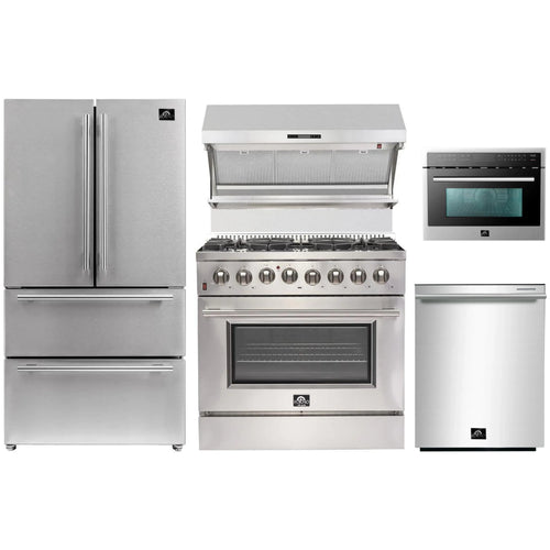 Forno 5-Piece Pro Appliance Package - 36" Dual Fuel Range, 36" Refrigerator, Wall Mount Hood with Backsplash, 24-Inch Microwave Drawer, and Dishwasher in Stainless Steel - AP5-6187-36-MWD