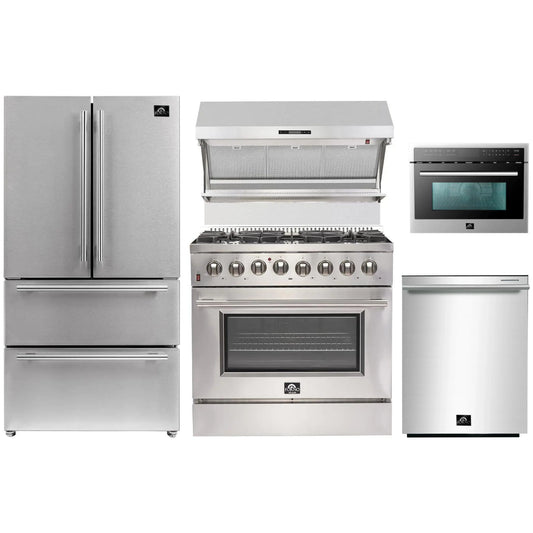 Forno 5-Piece Pro Appliance Package - 36" Dual Fuel Range, 36" Refrigerator, Wall Mount Hood with Backsplash, 24-Inch Microwave Drawer, and Dishwasher in Stainless Steel - AP5-6187-36-MWD