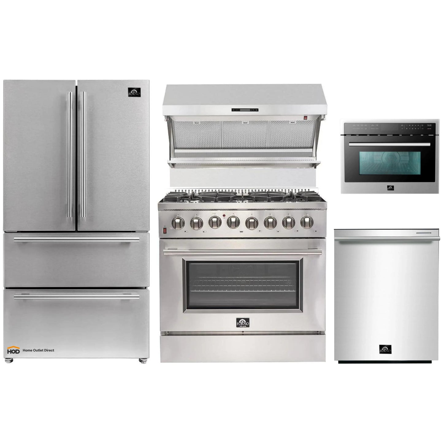 Forno 5-Piece Pro Appliance Package - 36-Inch Dual Fuel Range, 36-Inch Refrigerator, Wall Mount Hood with Backsplash, 24-Inch Microwave Drawer, & 3-Rack Dishwasher in Stainless Steel - AP5-6187-36-MWD
