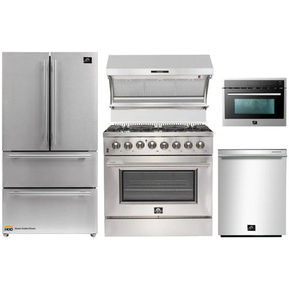 Forno 5-Piece Pro Appliance Package - 36-Inch Dual Fuel Range, 36-Inch Refrigerator, Wall Mount Hood with Backsplash, 24-Inch Microwave Drawer, & 3-Rack Dishwasher in Stainless Steel - AP5-6187-36-MWD