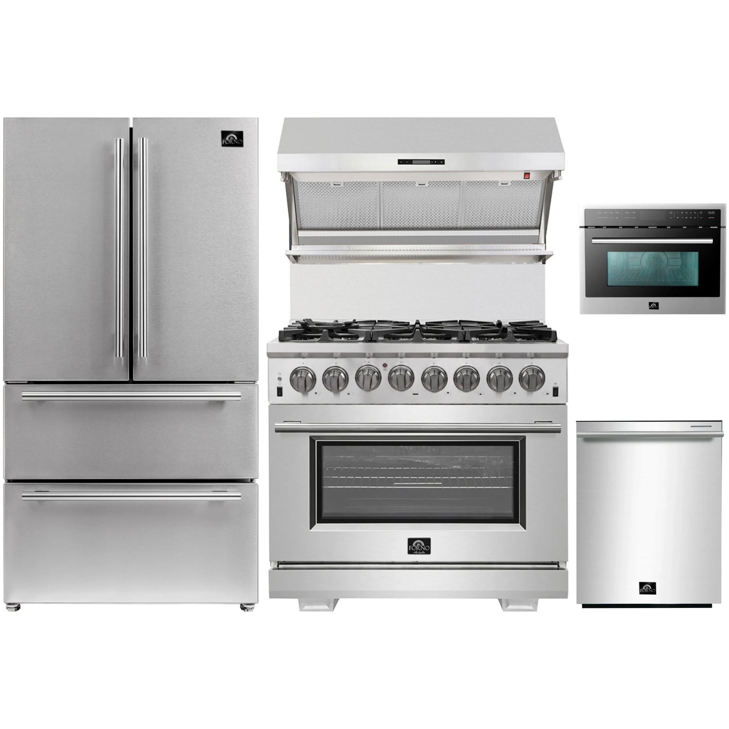 Forno 5-Piece Pro Appliance Package - 36-Inch Dual Fuel Range, Refrigerator, Wall Mount Hood with Backsplash, 24-Inch Microwave Oven, & 3-Rack Dishwasher in Stainless Steel - AP5-6187-36-MWO