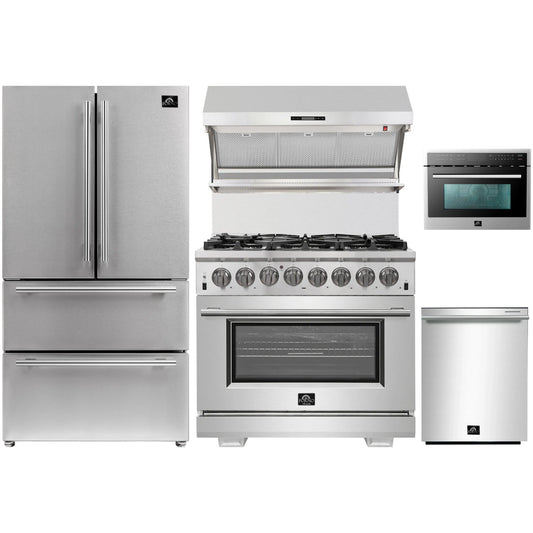 Forno 5-Piece Pro Appliance Package - 36-Inch Dual Fuel Range, Refrigerator, Wall Mount Hood with Backsplash, 24-Inch Microwave Oven, & 3-Rack Dishwasher in Stainless Steel - AP5-6187-36-MWO