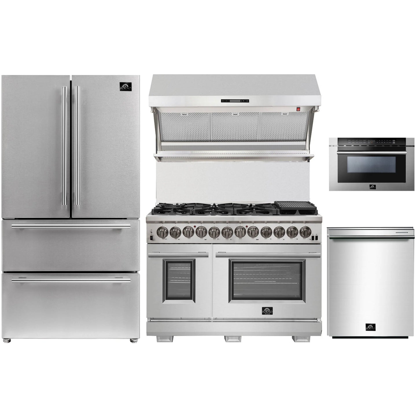 Forno 5-Piece Pro Appliance Package - 48-Inch Dual Fuel Range, Refrigerator, Wall Mount Hood with Backsplash, 24-Inch Microwave Drawer, & 3-Rack Dishwasher in Stainless Steel - AP5-6187-48-MWD