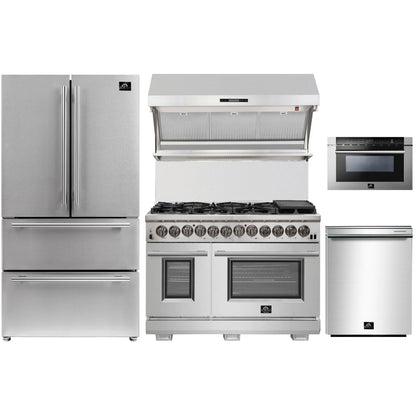 Forno 5-Piece Pro Appliance Package - 48-Inch Dual Fuel Range, Refrigerator, Wall Mount Hood with Backsplash, 24-Inch Microwave Drawer, & 3-Rack Dishwasher in Stainless Steel - AP5-6187-48-MWD