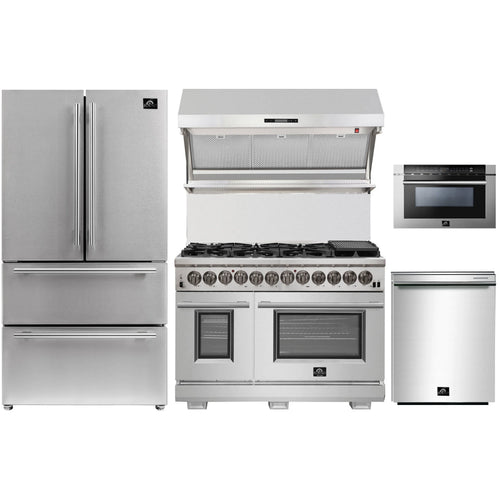 Forno 5-Piece Pro Appliance Package - 48-Inch Dual Fuel Range, Refrigerator, Wall Mount Hood with Backsplash, 24-Inch Microwave Drawer, & 3-Rack Dishwasher in Stainless Steel - AP5-6187-48-MWD