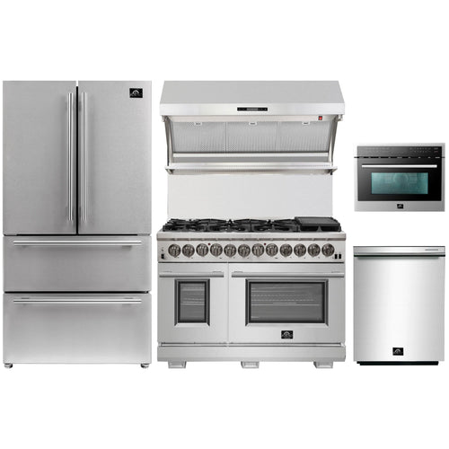Forno 5-Piece Pro Appliance Package - 48-Inch Dual Fuel Range, Refrigerator, Wall Mount Hood with Backsplash, 24-Inch Microwave Oven, & 3-Rack Dishwasher in Stainless Steel - AP5-6187-48-MWO