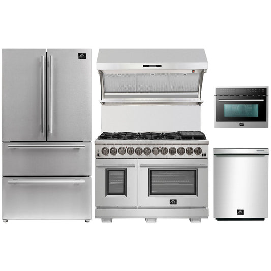 Forno 5-Piece Pro Appliance Package - 48-Inch Dual Fuel Range, Refrigerator, Wall Mount Hood with Backsplash, 24-Inch Microwave Oven, & 3-Rack Dishwasher in Stainless Steel - AP5-6187-48-MWO