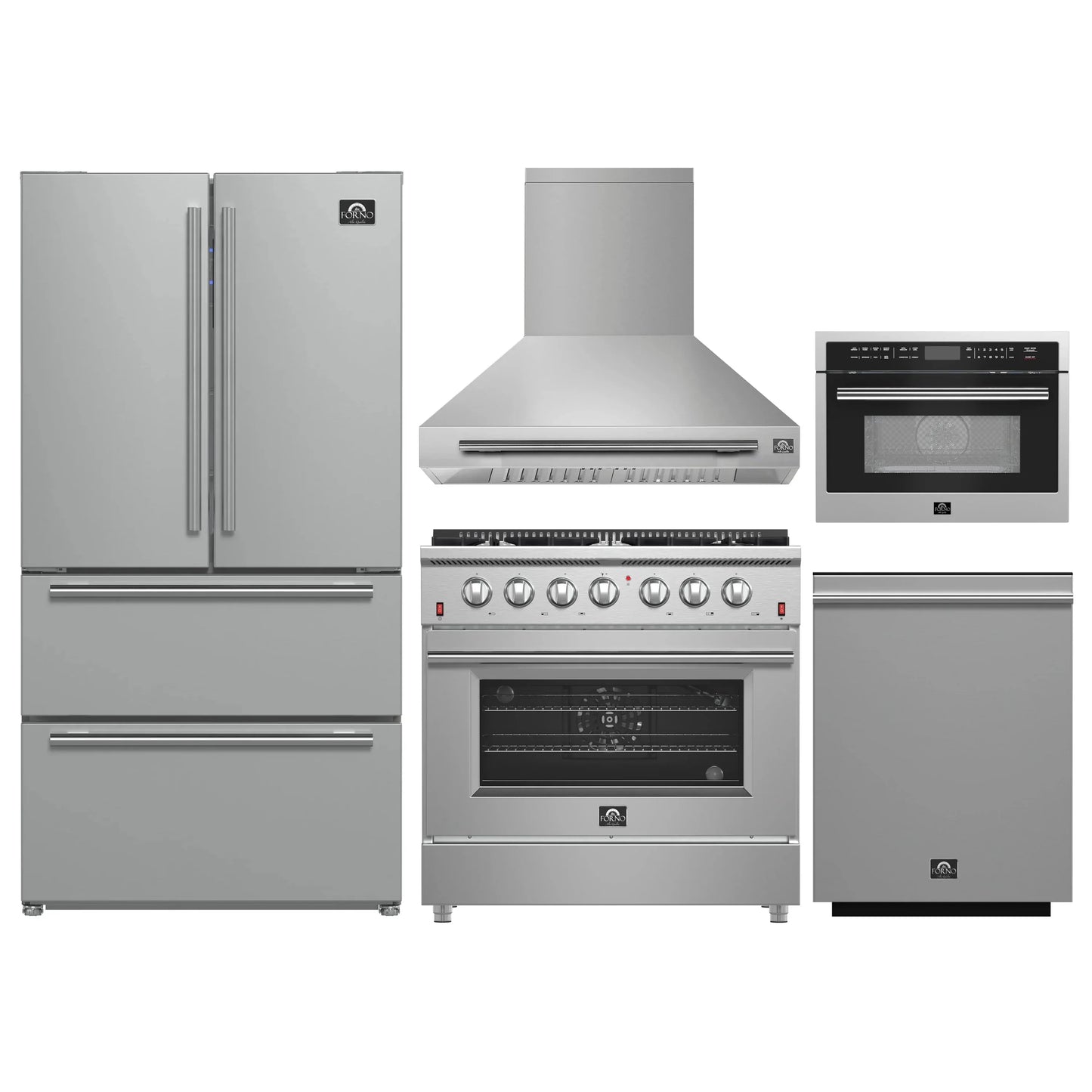 Forno 5-Piece Appliance Package - 36-Inch Gas Range, Wall Mount Range Hood, 36-Inch Refrigerator, Dishwasher, and 24-Inch Microwave Oven in Stainless Steel - AP5-6244-36-5095-24MO