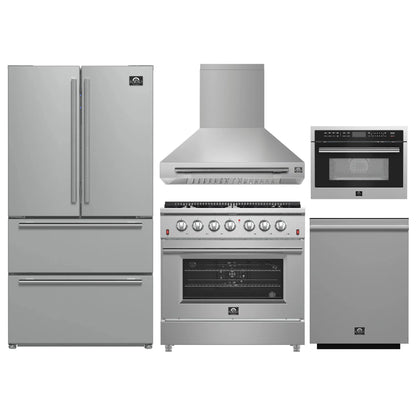 Forno 5-Piece Appliance Package - 36-Inch Gas Range, Wall Mount Range Hood, 36-Inch Refrigerator, Dishwasher, and 24-Inch Microwave Oven in Stainless Steel - AP5-6244-36-5095-24MO