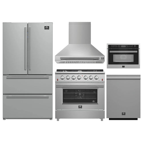Forno 5-Piece Appliance Package - 36-Inch Gas Range, Wall Mount Range Hood, 36-Inch Refrigerator, Dishwasher, and 24-Inch Microwave Oven in Stainless Steel - AP5-6244-36-5095-24MO