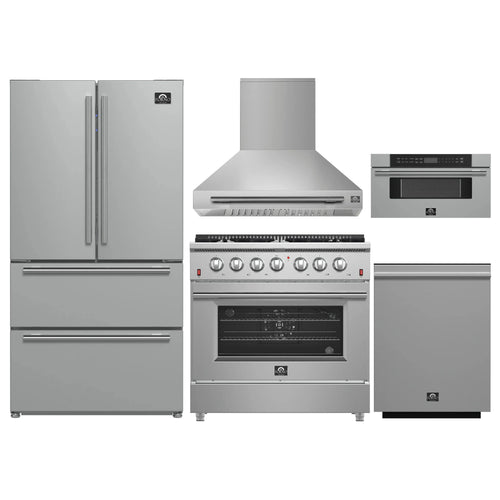 Forno 5-Piece Appliance Package - 36-Inch Gas Range, Wall Mount Range Hood, 36-Inch Refrigerator, Dishwasher, and 30-Inch Microwave Drawer in Stainless Steel - AP5-6244-36-5095-30MD