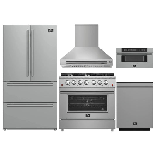 Forno 5-Piece Appliance Package - 36-Inch Gas Range, Wall Mount Range Hood, 36-Inch Refrigerator, Dishwasher, and 30-Inch Microwave Drawer in Stainless Steel - AP5-6244-36-5095-30MD