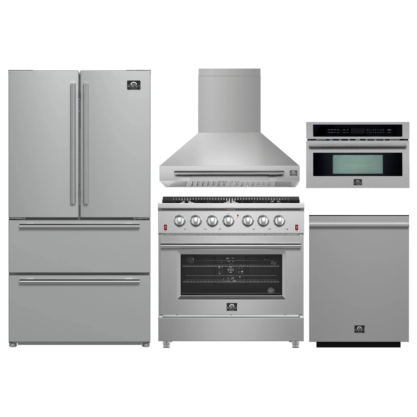 Forno 5-Piece Appliance Package - 36-Inch Gas Range, Wall Mount Range Hood, 36-Inch Refrigerator, Dishwasher, and 30-Inch Microwave Oven in Stainless Steel - AP5-6244-36-5095-30MO