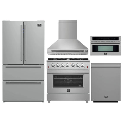 Forno 5-Piece Appliance Package - 36-Inch Gas Range, Wall Mount Range Hood, 36-Inch Refrigerator, Dishwasher, and 30-Inch Microwave Oven in Stainless Steel - AP5-6244-36-5095-30MO
