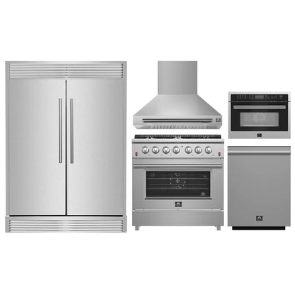 Forno 5-Piece Appliance Package - 36-Inch Gas Range, Wall Mount Range Hood, 60-Inch Refrigerator, Dishwasher, and 24-Inch Microwave Oven in Stainless Steel - AP5-6244-36-5095-60S-24MO