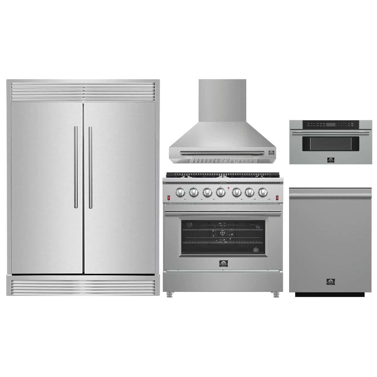 Forno 5-Piece Appliance Package - 36-Inch Gas Range, Wall Mount Range Hood, 60-Inch Refrigerator, Dishwasher, and 30-Inch Microwave Drawer in Stainless Steel - AP5-6244-36-5095-60S-30MD