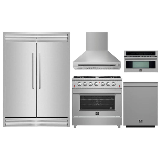 Forno 5-Piece Appliance Package - 36-Inch Gas Range, Wall Mount Range Hood, 60-Inch Refrigerator, Dishwasher, and 30-Inch Microwave Oven in Stainless Steel - AP5-6244-36-5095-60S-30MO