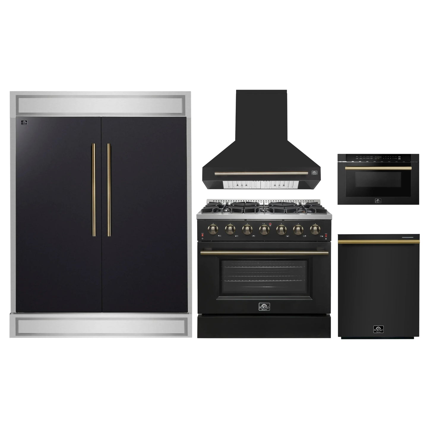 Forno 5-Piece Appliance Package - 36-Inch Gas Range, Wall Mount Range Hood, 60-Inch Refrigerator, Dishwasher, and 24-Inch Microwave Drawer in Black with Antique Brass Handle - AP5-6244-36BLK-5095-60MG-MD24