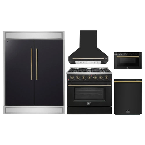 Forno 5-Piece Appliance Package - 36-Inch Gas Range, Wall Mount Range Hood, 60-Inch Refrigerator, Dishwasher, and 24-Inch Microwave Drawer in Black with Antique Brass Handle - AP5-6244-36BLK-5095-60MG-MD24