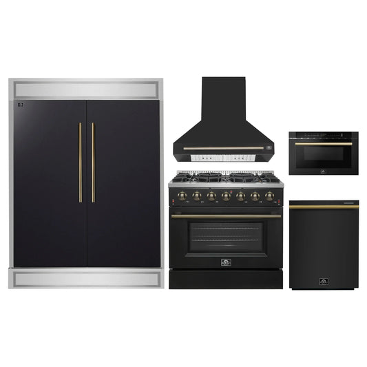 Forno 5-Piece Appliance Package - 36-Inch Gas Range, Wall Mount Range Hood, 60-Inch Refrigerator, Dishwasher, and 24-Inch Microwave Drawer in Black with Antique Brass Handle - AP5-6244-36BLK-5095-60MG-MD24