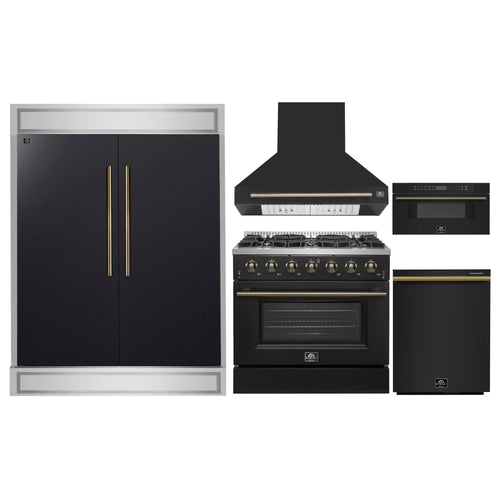 Forno 5-Piece Appliance Package - 36-Inch Gas Range, Wall Mount Range Hood, 60-Inch Refrigerator, Dishwasher, and 30-Inch Microwave Drawer in Black with Antique Brass Handle - AP5-6244-36BLK-5095-60MG-MD30