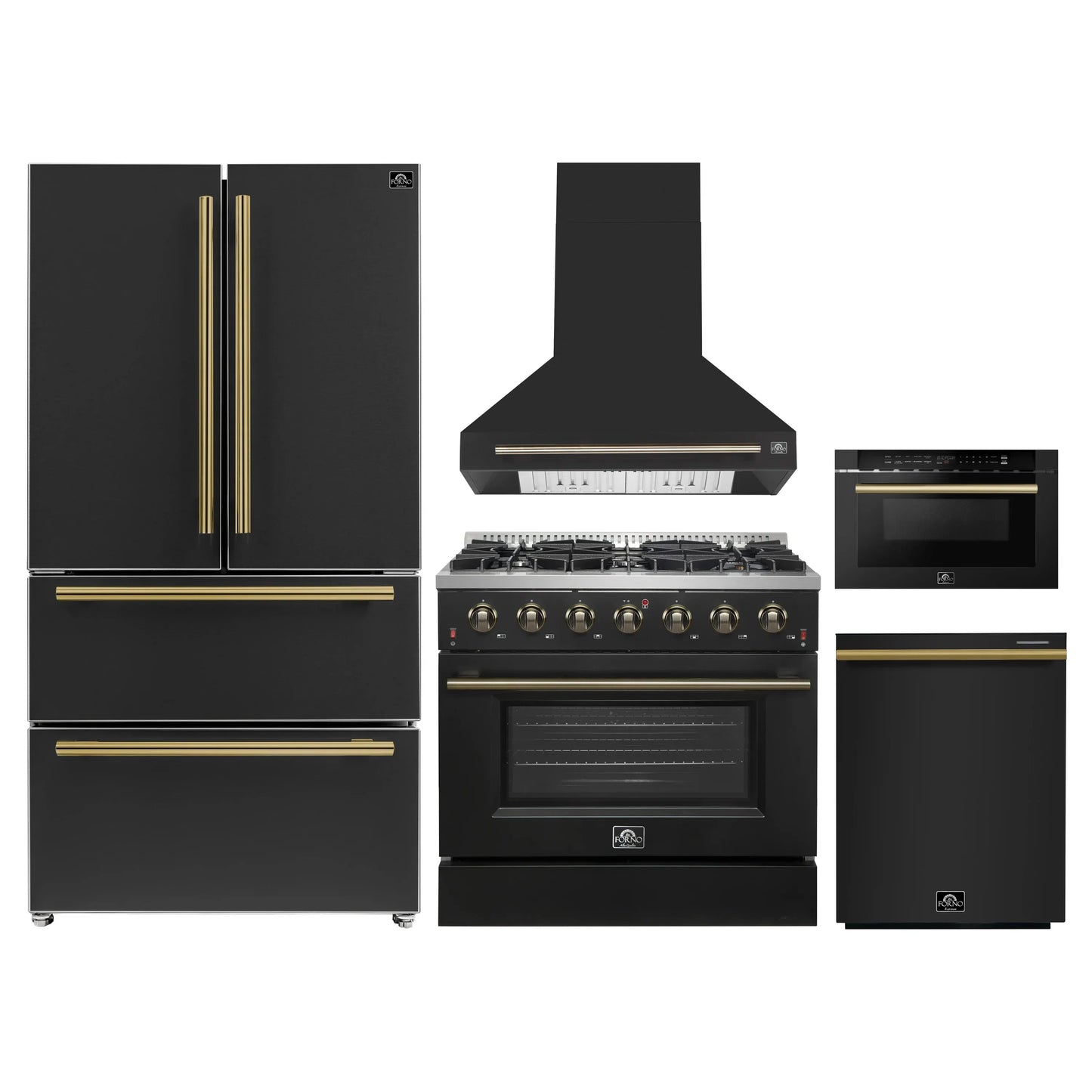 Forno 5-Piece Appliance Package - 36-Inch Gas Range, Wall Mount Range Hood, 36-Inch Refrigerator, Dishwasher, and 24-Inch Microwave Drawer in Black with Antique Brass Handle - AP5-6244-36BLK-5095-MD24