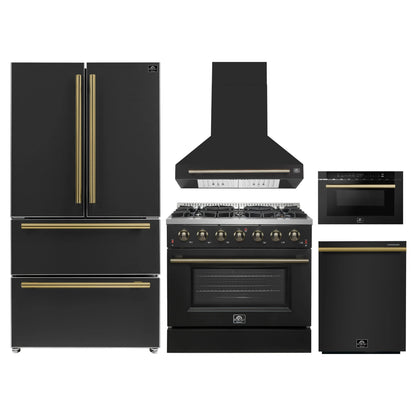 Forno 5-Piece Appliance Package - 36-Inch Gas Range, Wall Mount Range Hood, 36-Inch Refrigerator, Dishwasher, and 24-Inch Microwave Drawer in Black with Antique Brass Handle - AP5-6244-36BLK-5095-MD24