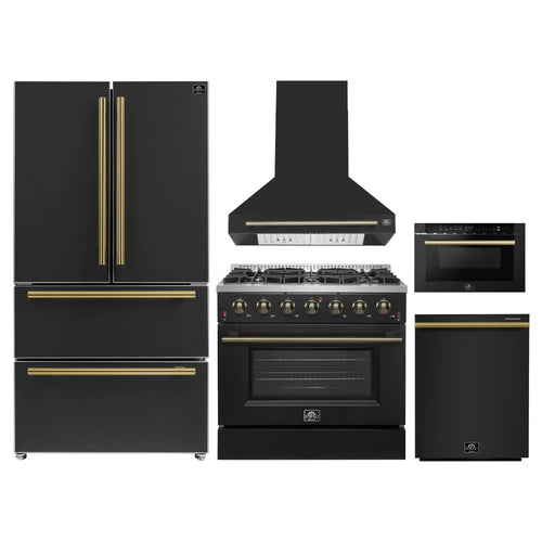 Forno 5-Piece Appliance Package - 36-Inch Gas Range, Wall Mount Range Hood, 36-Inch Refrigerator, Dishwasher, and 24-Inch Microwave Drawer in Black with Antique Brass Handle - AP5-6244-36BLK-5095-MD24