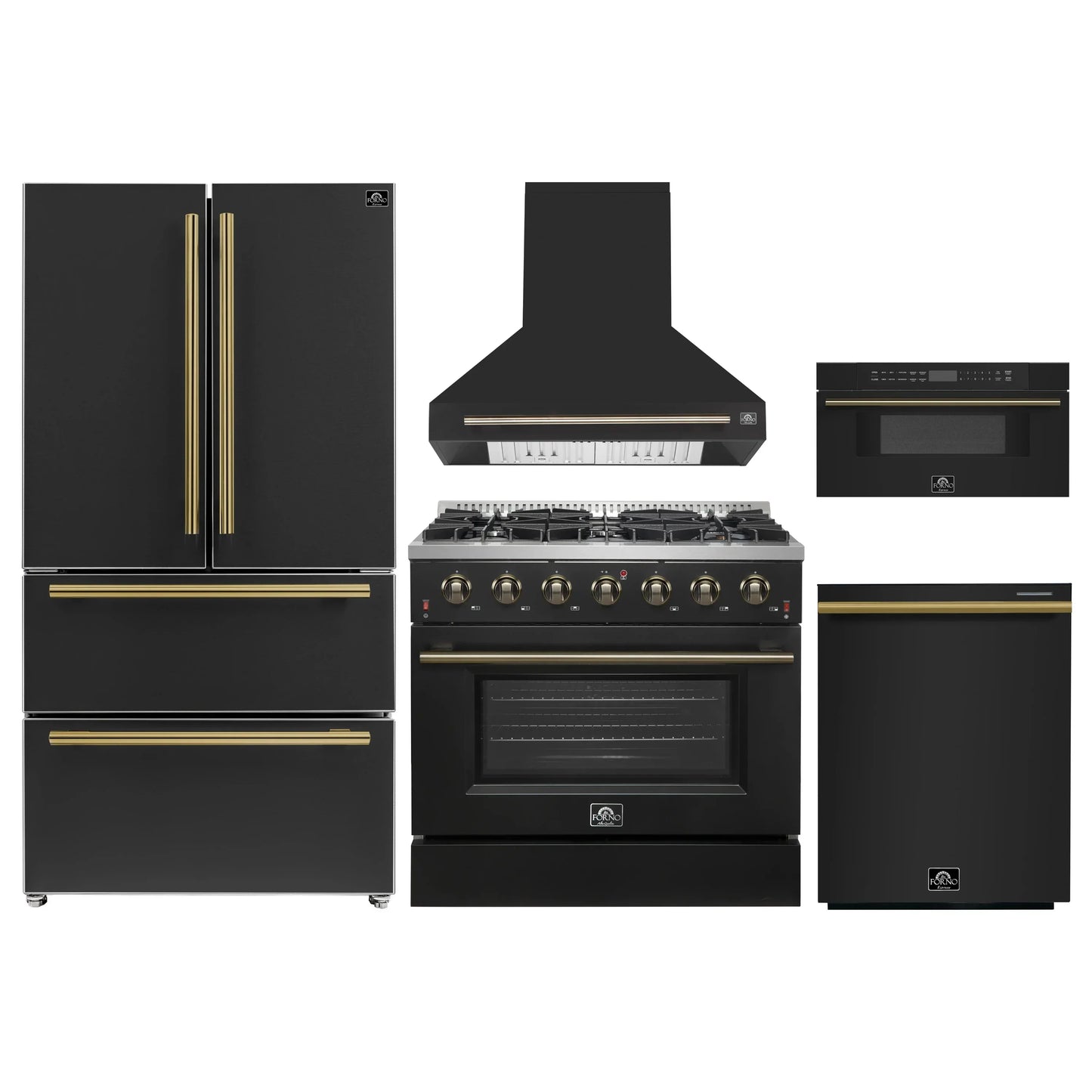 Forno 5-Piece Appliance Package - 36-Inch Gas Range, Wall Mount Range Hood, 36-Inch Refrigerator, Dishwasher, and 30-Inch Microwave Drawer in Black with Antique Brass Handle - AP5-6244-36BLK-5095-MD30