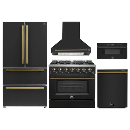 Forno 5-Piece Appliance Package - 36-Inch Gas Range, Wall Mount Range Hood, 36-Inch Refrigerator, Dishwasher, and 30-Inch Microwave Drawer in Black with Antique Brass Handle - AP5-6244-36BLK-5095-MD30