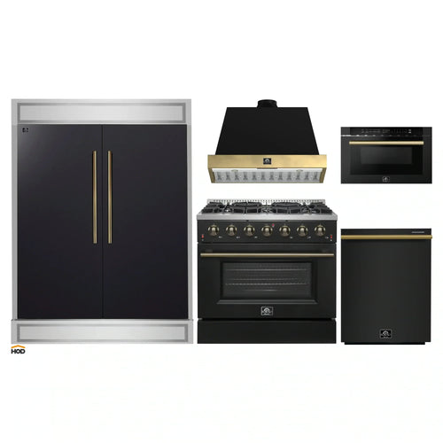 Forno 5-Piece Appliance Package - 36-Inch Gas Range, Wall Mount Range Hood, 60-Inch Convertible Refrigerator with Modern Trim, Dishwasher, and 24-Inch Microwave Drawer in Black with Antique Brass Handle - AP5-6244-36BLK-MWD24-60MG