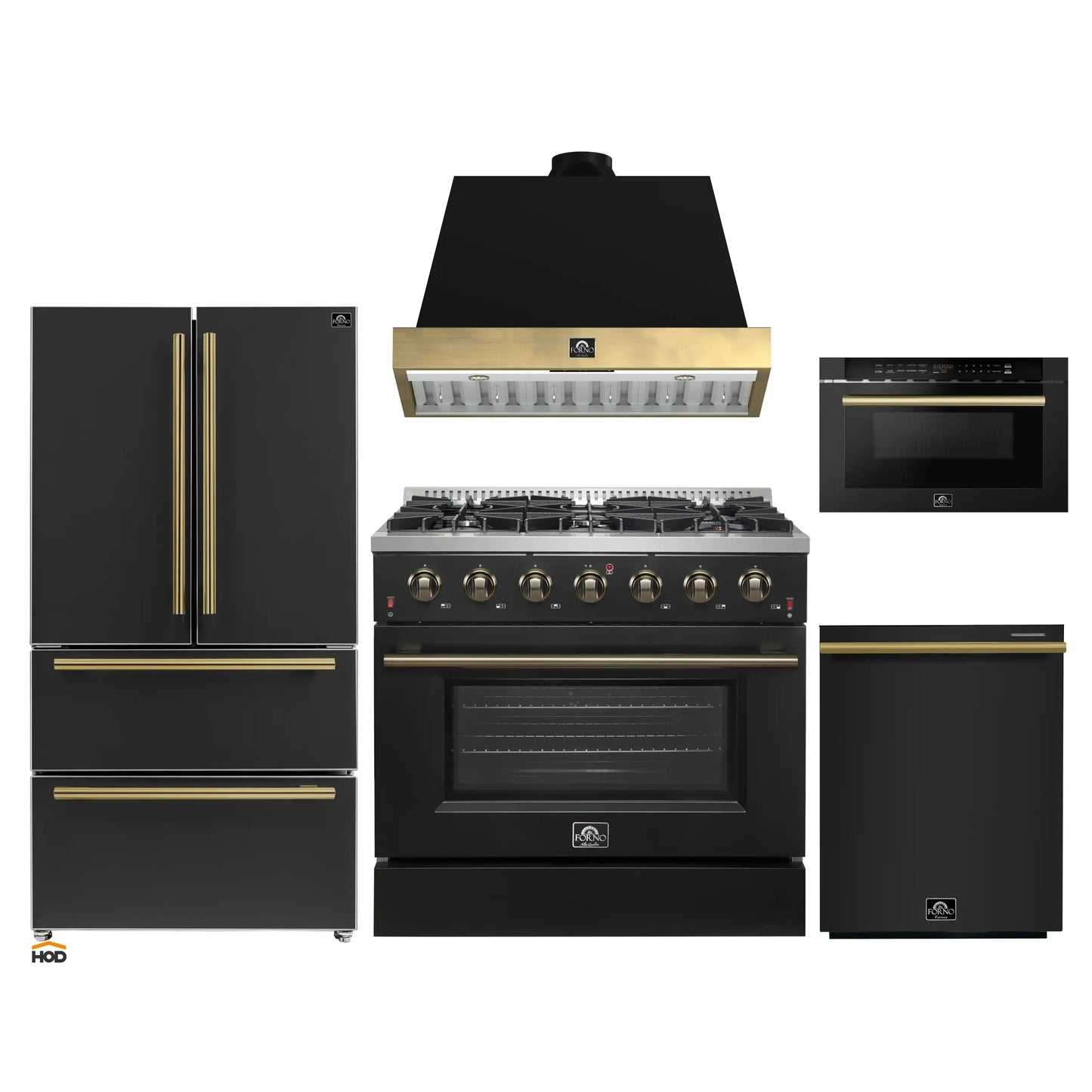 Forno Galiano 5-Piece Appliance Package - 36-Inch Gas Range, 36-Inch Hood, 36-Inch Refrigerator, 24-Inch Dishwasher, & 24-Inch Microwave Drawer in Black with Antique Brass Trim - AP5-6244-36BLK-MWD24