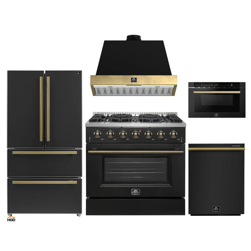 Forno Galiano 5-Piece Appliance Package - 36-Inch Gas Range, 36-Inch Hood, 36-Inch Refrigerator, 24-Inch Dishwasher, & 24-Inch Microwave Drawer in Black with Antique Brass Trim - AP5-6244-36BLK-MWD24