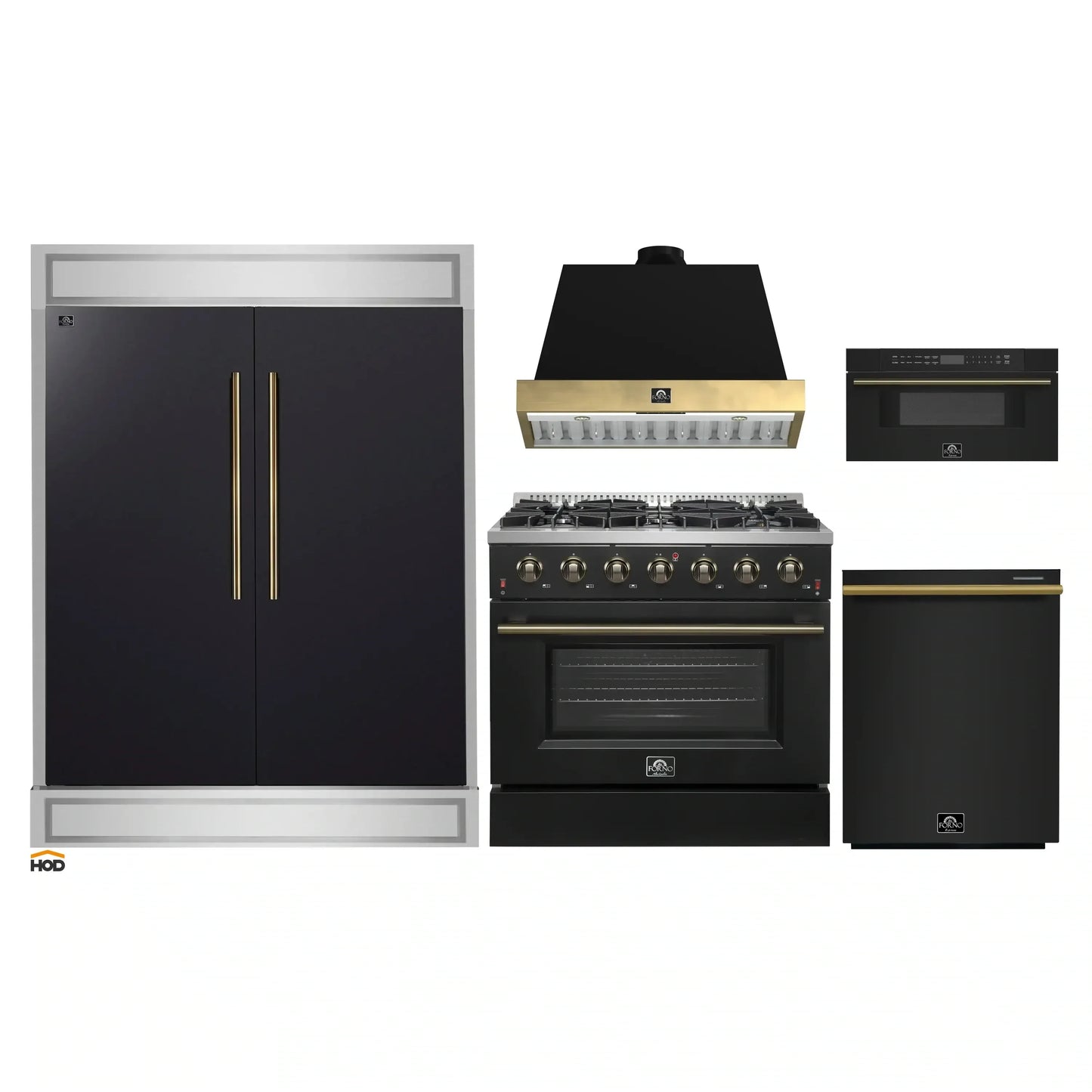 Forno 5-Piece Appliance Package - 36-Inch Gas Range, Wall Mount Range Hood, 60-Inch Convertible Refrigerator with Modern Trim, Dishwasher, and 30-Inch Microwave Drawer in Black with Antique Brass Handle - AP5-6244-36BLK-MWD30-60MG