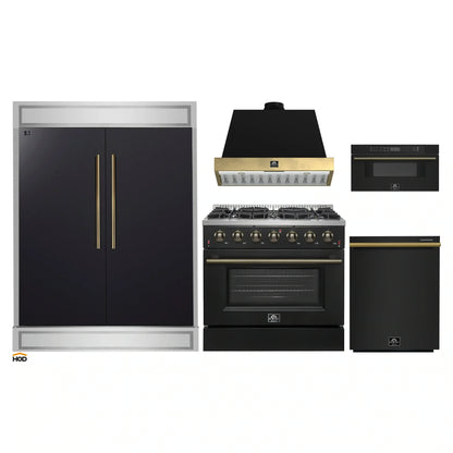Forno 5-Piece Appliance Package - 36-Inch Gas Range, Wall Mount Range Hood, 60-Inch Convertible Refrigerator with Modern Trim, Dishwasher, and 30-Inch Microwave Drawer in Black with Antique Brass Handle - AP5-6244-36BLK-MWD30-60MG