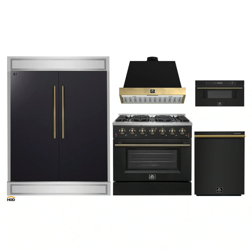 Forno 5-Piece Appliance Package - 36-Inch Gas Range, Wall Mount Range Hood, 60-Inch Convertible Refrigerator with Modern Trim, Dishwasher, and 30-Inch Microwave Drawer in Black with Antique Brass Handle - AP5-6244-36BLK-MWD30-60MG