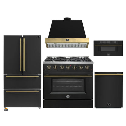 Forno Galiano 5-Piece Appliance Package - 36-Inch Gas Range, 36-Inch Hood, 36-Inch Refrigerator, 24-Inch Dishwasher, & 30-Inch Microwave Drawer in Black with Antique Brass Trim - AP5-6244-36BLK-MWD30