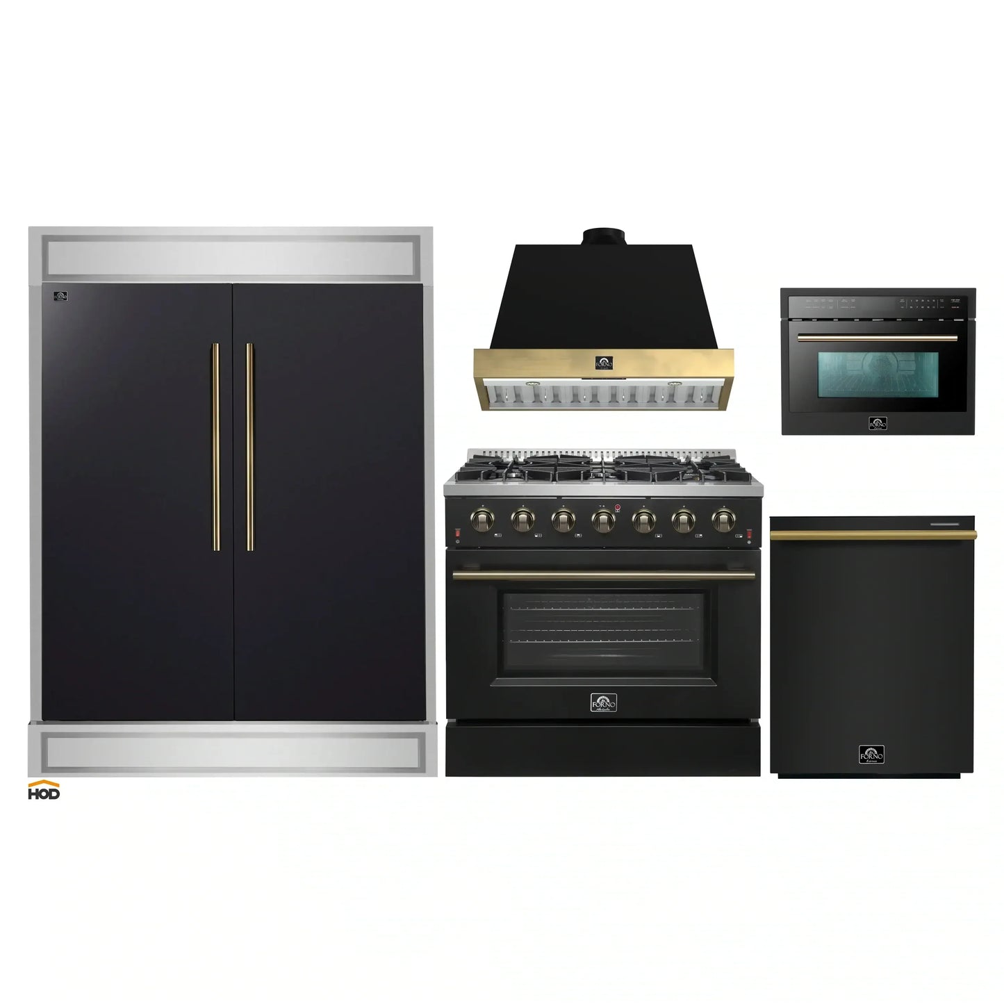 Forno 5-Piece Appliance Package - 36-Inch Gas Range, Wall Mount Range Hood, 60-Inch Convertible Refrigerator with Modern Trim, Dishwasher, and 24-Inch Microwave Oven in Black with Antique Brass Handle - AP5-6244-36BLK-MWO24-60MG