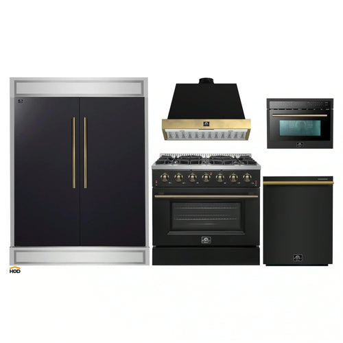 Forno 5-Piece Appliance Package - 36-Inch Gas Range, Wall Mount Range Hood, 60-Inch Convertible Refrigerator with Modern Trim, Dishwasher, and 24-Inch Microwave Oven in Black with Antique Brass Handle - AP5-6244-36BLK-MWO24-60MG