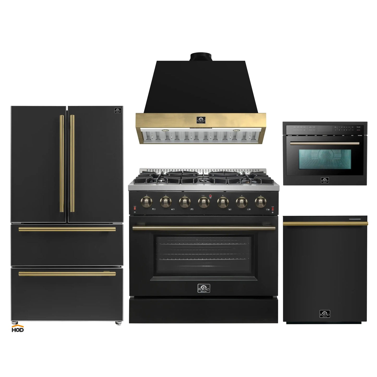 Forno Galiano 5-Piece Appliance Package - 36-Inch Gas Range, 36-Inch Hood, 36-Inch Refrigerator, 24-Inch Dishwasher, & 24-Inch Microwave Oven in Black with Antique Brass Trim - AP5-6244-36BLK-MWO24