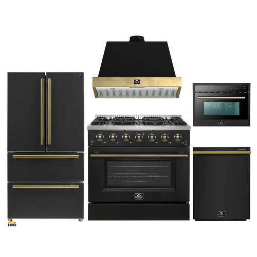 Forno Galiano 5-Piece Appliance Package - 36-Inch Gas Range, 36-Inch Hood, 36-Inch Refrigerator, 24-Inch Dishwasher, & 24-Inch Microwave Oven in Black with Antique Brass Trim - AP5-6244-36BLK-MWO24