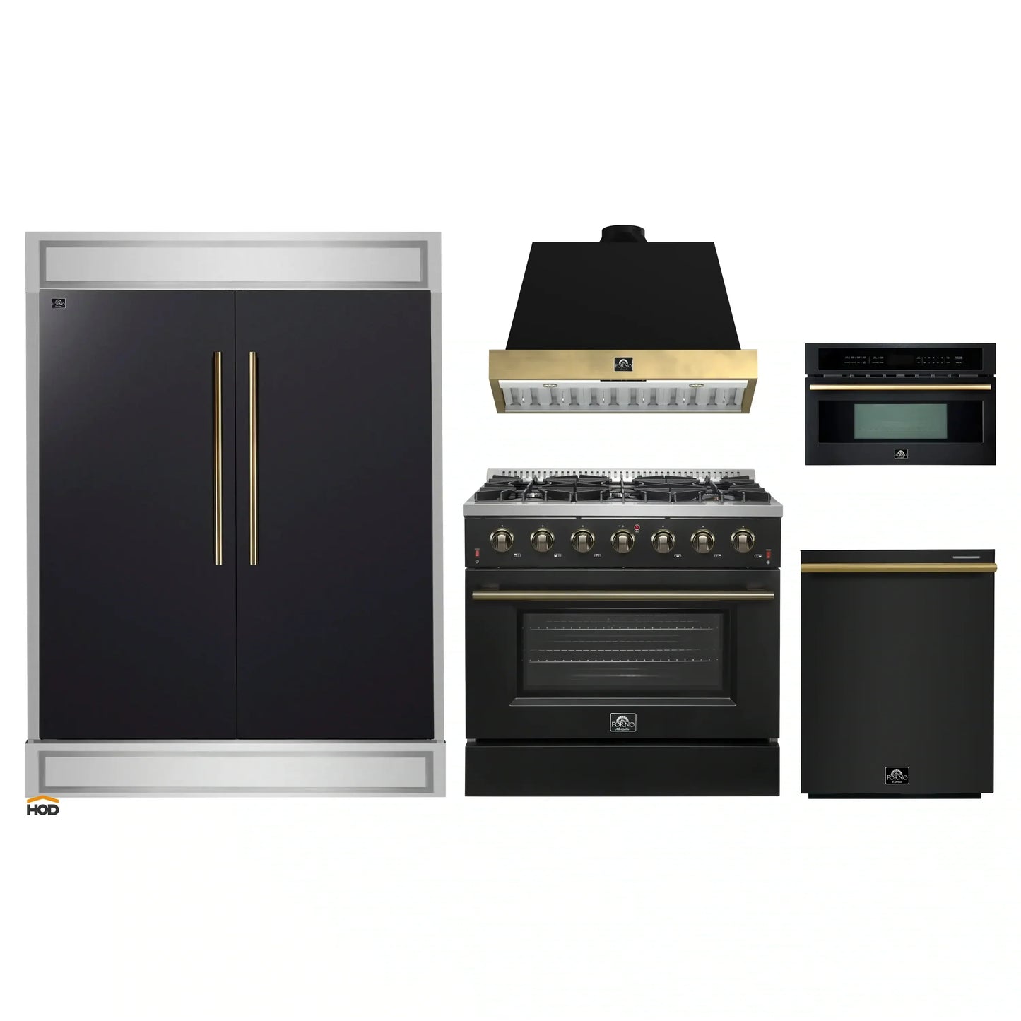 Forno 5-Piece Appliance Package - 36-Inch Gas Range, Wall Mount Range Hood, 60-Inch Convertible Refrigerator with Modern Trim, Dishwasher, and 30-Inch Microwave Oven in Black with Antique Brass Handle - AP5-6244-36BLK-MWO30-60MG