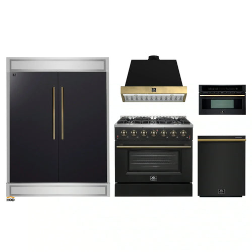 Forno 5-Piece Appliance Package - 36-Inch Gas Range, Wall Mount Range Hood, 60-Inch Convertible Refrigerator with Modern Trim, Dishwasher, and 30-Inch Microwave Oven in Black with Antique Brass Handle - AP5-6244-36BLK-MWO30-60MG