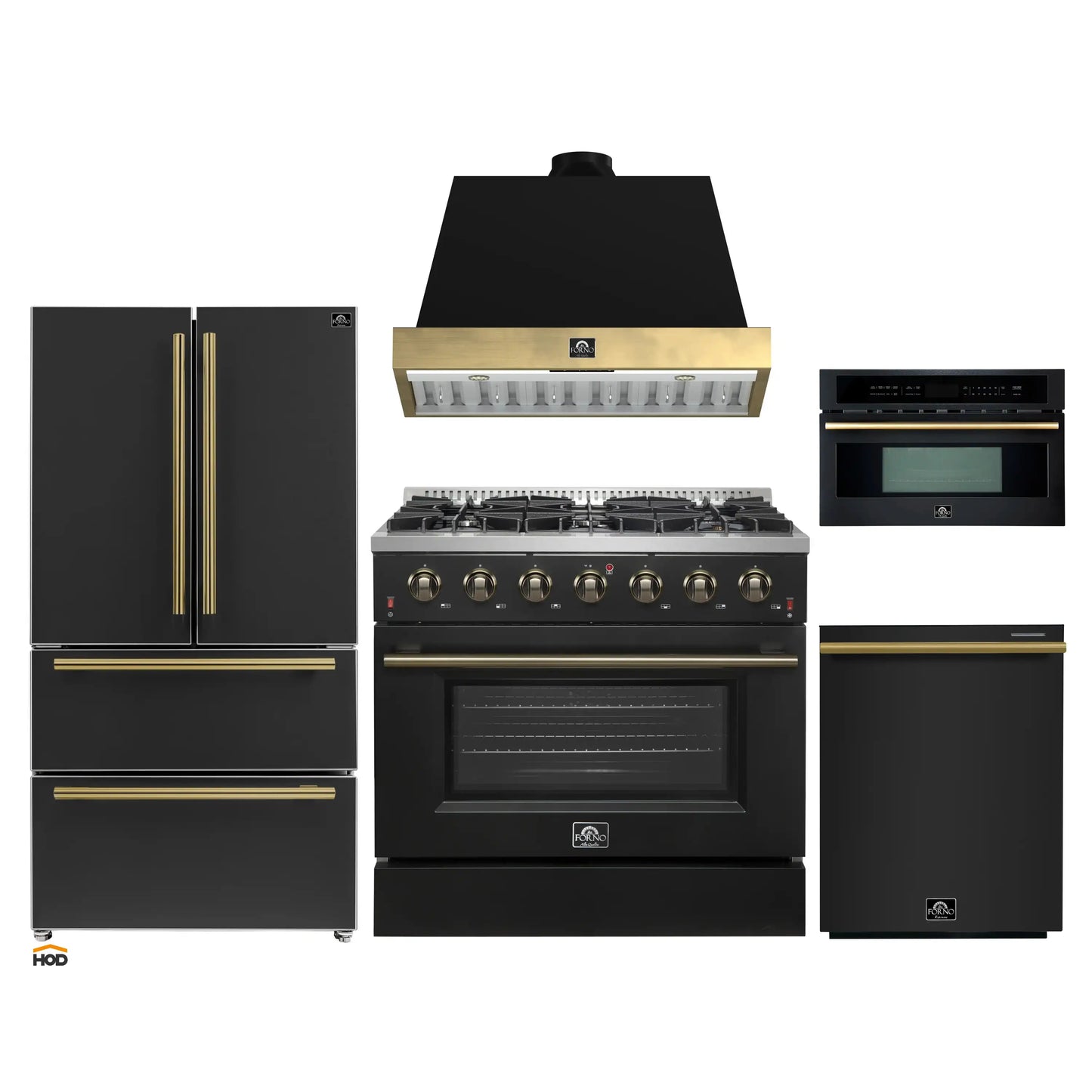 Forno Galiano 5-Piece Appliance Package - 36-Inch Gas Range, 36-Inch Hood, 36-Inch Refrigerator, 24-Inch Dishwasher, & 30-Inch Microwave Oven in Black with Antique Brass Trim - AP5-6244-36BLK-MWO30