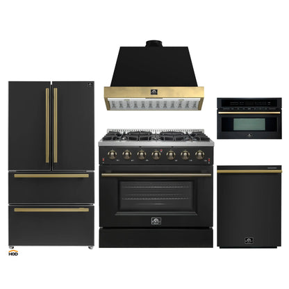 Forno Galiano 5-Piece Appliance Package - 36-Inch Gas Range, 36-Inch Hood, 36-Inch Refrigerator, 24-Inch Dishwasher, & 30-Inch Microwave Oven in Black with Antique Brass Trim - AP5-6244-36BLK-MWO30