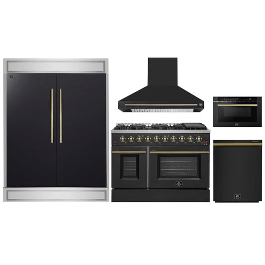Forno 5-Piece Appliance Package - 48-Inch Gas Range, Wall Mount Range Hood, 60-Inch Refrigerator, Dishwasher, and 24-Inch Microwave Drawer in Black with Antique Brass Handle - AP5-6244-48BLK-5095-60MG-MD24