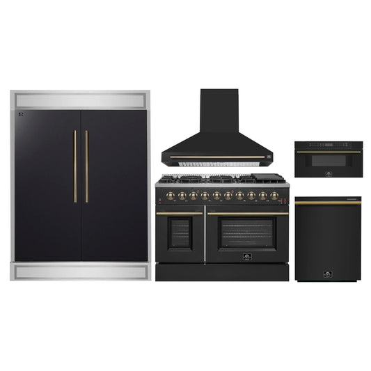 Forno 5-Piece Appliance Package - 48-Inch Gas Range, Wall Mount Range Hood, 60-Inch Refrigerator, Dishwasher, and 30-Inch Microwave Drawer in Black with Antique Brass Handle - AP5-6244-48BLK-5095-60MG-MD30