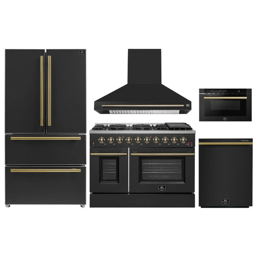 Forno 5-Piece Appliance Package - 48-Inch Gas Range, Wall Mount Range Hood, 36-Inch Refrigerator, Dishwasher, and 24-Inch Microwave Drawer in Black with Antique Brass Handle - AP5-6244-48BLK-5095-MD24